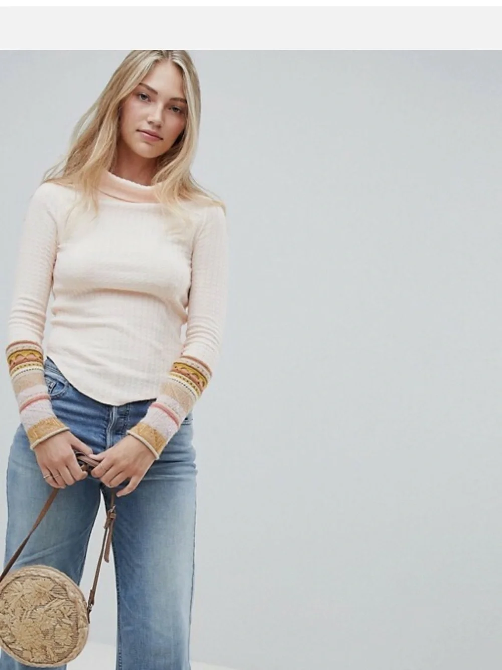Free People Soft Peach Turtleneck Sweater with Patterned Cuffs Arm Warmer
